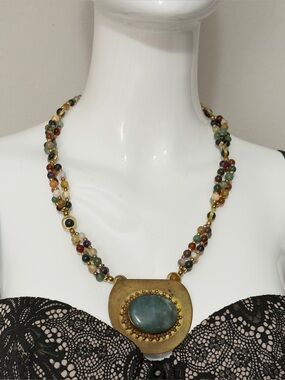 Natural Agate Stone Beaded Statement Necklace with Large Brass Medallion Pendant